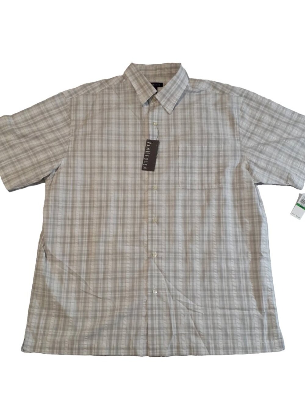 Van Heusen Shirt Mens Lg Gray White Short Sleeve Button Up Tartan 16-16.5 NWT